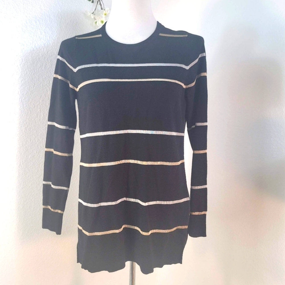 PER SE WOVEN STRIPED TUNIC/SWEATER WITH SHEER BACK WOMEN'S SIZE LARGE